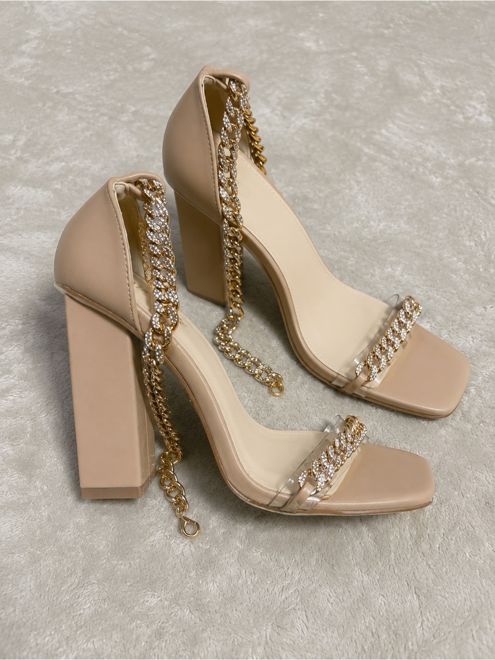New Mixx Shuz Candy Nude tan blush Chain-Ankle Block Heel Sandal sz 7